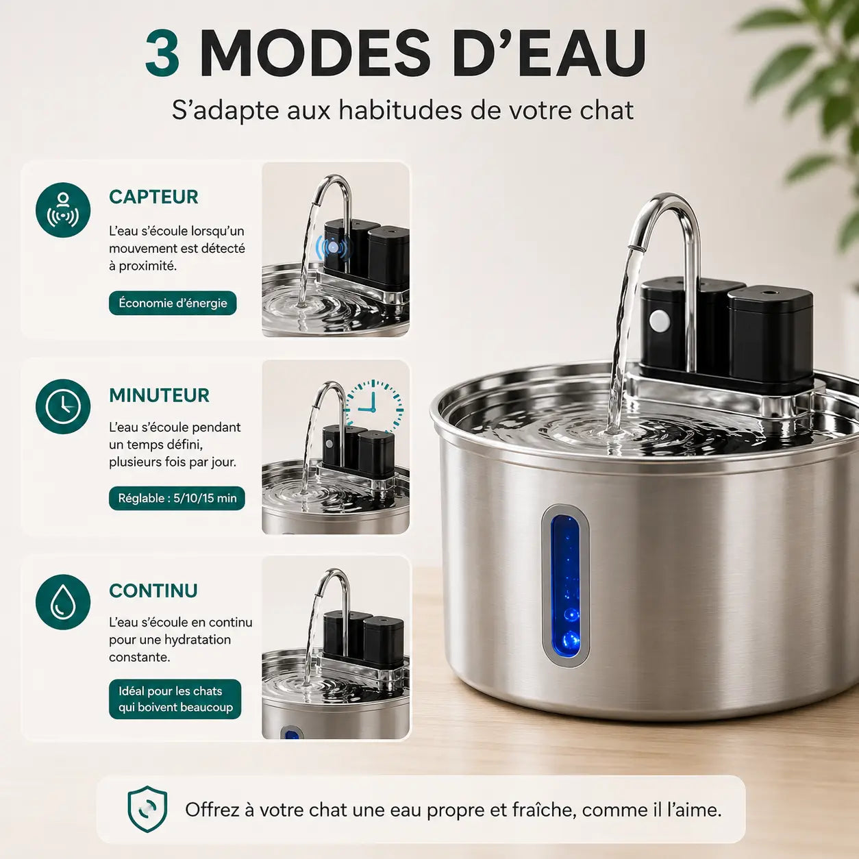 3 modes d'eau : capteur, minuteur, continu