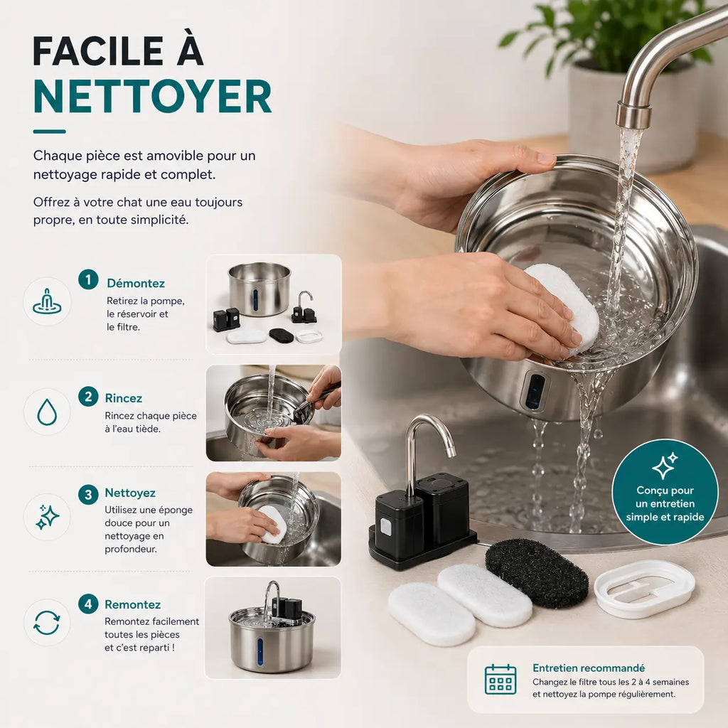 Nettoyage facile, fontaine entièrement démontable